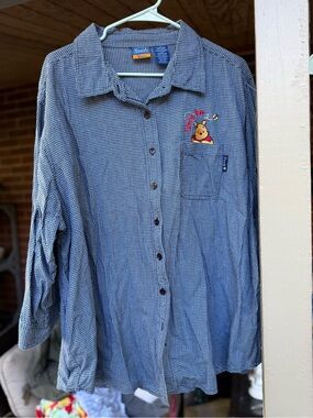 Poof! Women’s Blue Check Button-Up Shirt Winnie the Pooh Embroidery worry free